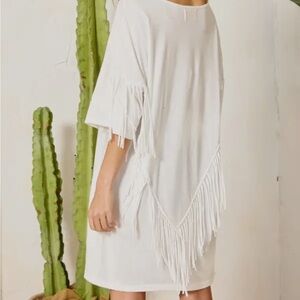 BUCKETLIST Fringe Back T-Shirt Mini Dress in White